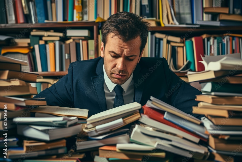 Exhausted male professional inundated with towering piles of documents in a cluttered office Exhausted male professional inundated with towering piles of documents in a cluttered office