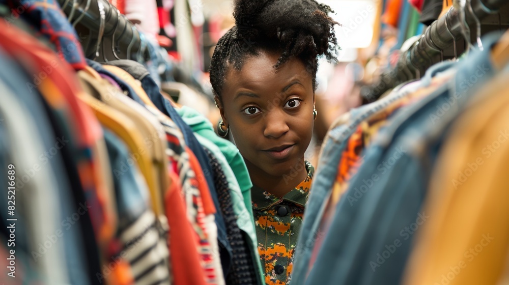 Obraz premium A bargain-hunter Black woman, rummaging through a rack of discounted clothing at a thrift store, her eyes sparkling with excitement at each hidden gem.
