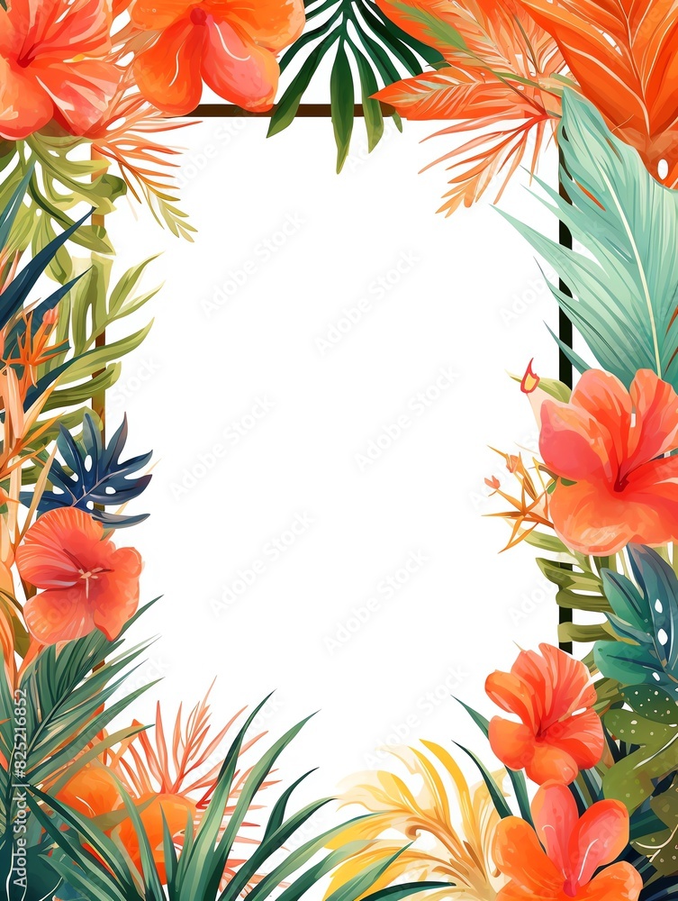 Tropical floral frame with vibrant hibiscus flowers and lush greenery on a white background. Tropical floral frame with vibrant hibiscus flowers and lush greenery on a white background.