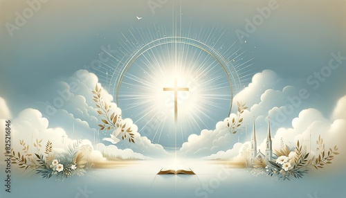 Poster on a religious theme 35. A stylized image of a shining cross, the Bible and a church in the sky among clouds and flowers. For advertising, presentations, postcards