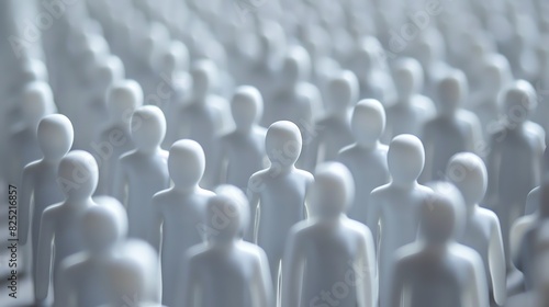A crowd with numerous white, faceless figures standing in rows. This image symbolizes unity, conformity, and the human collective, evoking thoughts on individuality and society. photo