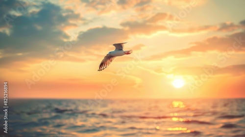 A bird soaring high in the sky  free and happy as the sun sets.