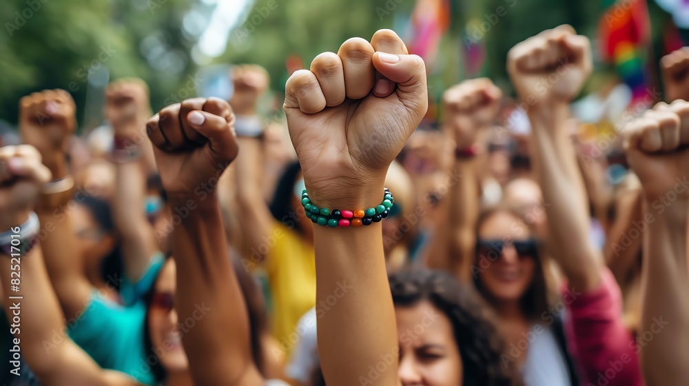 A diverse crowd raises fists in solidarity, symbolizing unity and activism. The vibrant scene captures the energy and determination of a collective movement for change. A diverse crowd raises fists in solidarity, symbolizing unity and activism. The vibrant scene captures the energy and determination of a collective movement for change.