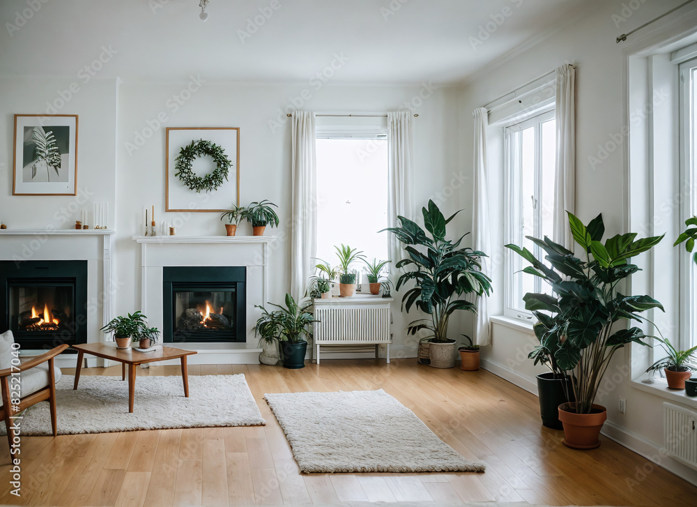 Fototapeta premium Minimalist living room with a fireplace and indoor plants