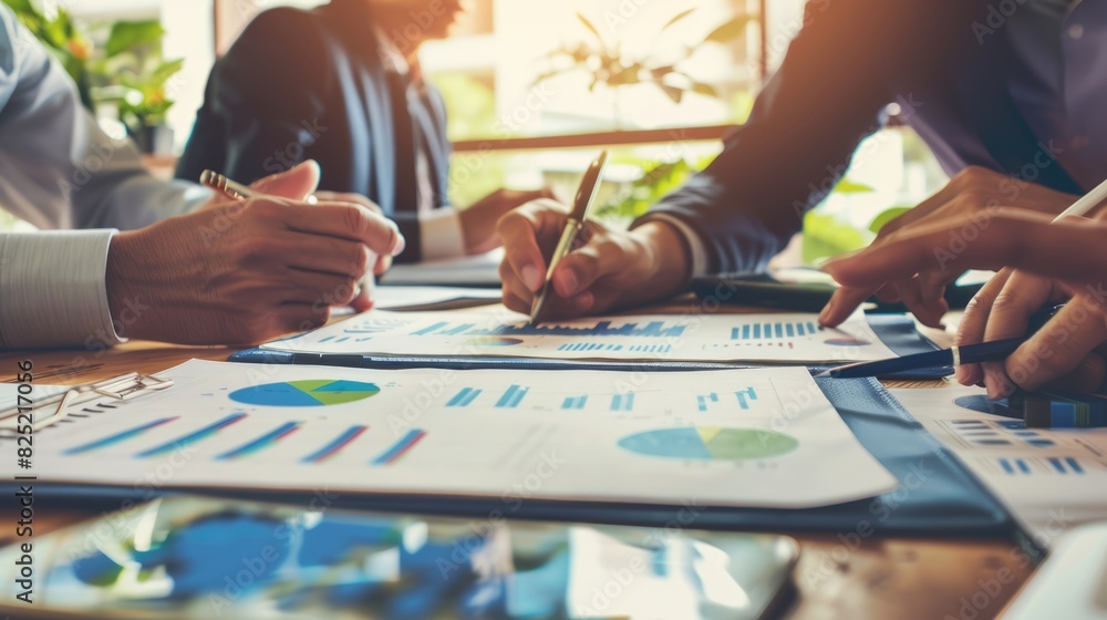 Fototapeta premium Business team preparing financial reports with various graphs close up, focus on, report preparation, dynamic, Multilayer, executive office