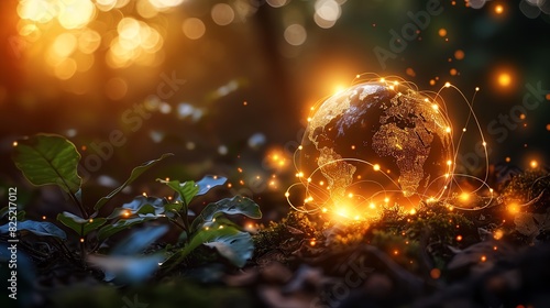 Glowing globe with interconnected lines nestled in a forest setting  symbolizing global connectivity and the harmony between technology and nature. Illuminated with warm  golden lights.