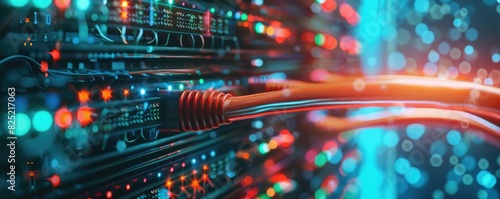 Color-coded network cables connected in a server room close up, focus on, structure, dynamic, Multilayer, tech environment photo