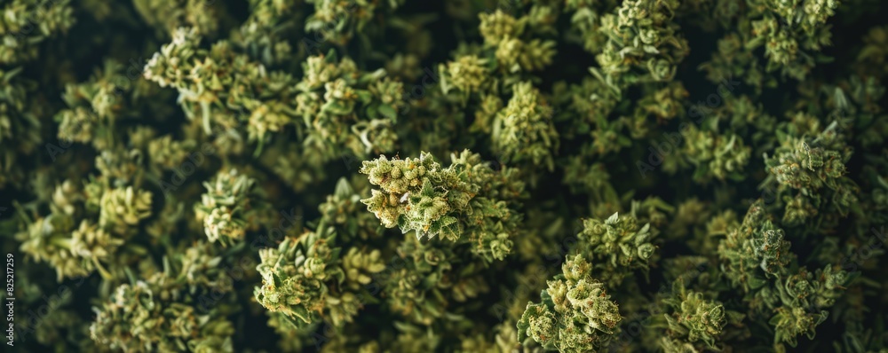 Overhead view of hemp flower buds close up, focus on, herbal products, dynamic, Fusion, apothecary counter