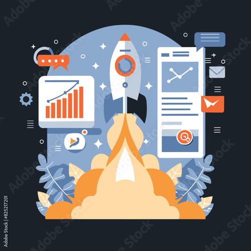 2d vector illustration colorful social media boost , influence blogger E-marketer via Internet pages marketing referral
