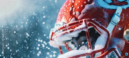 Football Helmet Cleaning Promotion - Sanitizing Sports Gear with Bubbles and Foam - Design for Poster, Print, or Online Campaign photo