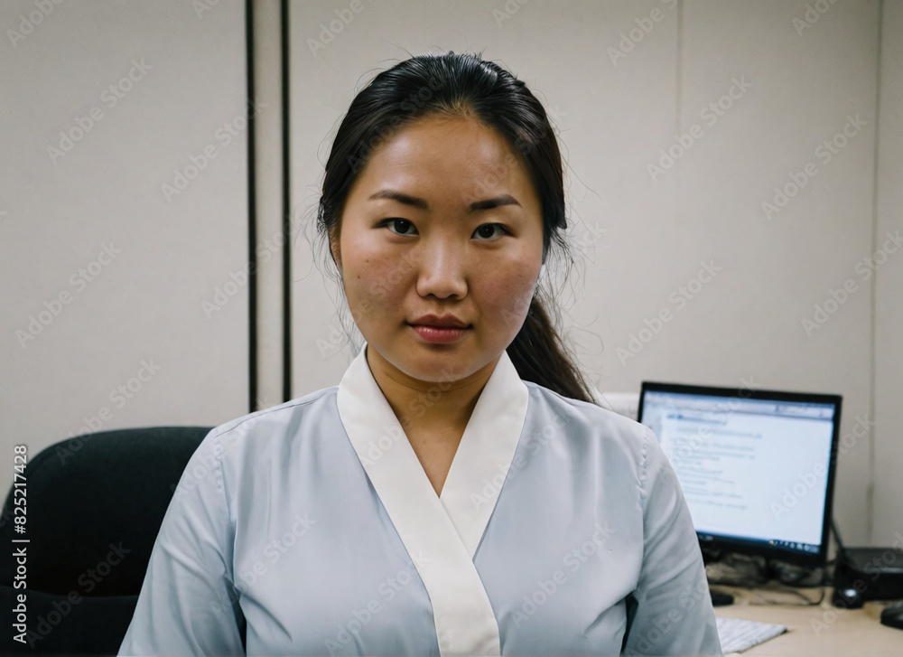 A confident businesswoman in a suit smiles while working on her laptop at her office desk A confident businesswoman in a suit smiles while working on her laptop at her office desk