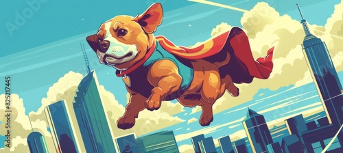 Superhero Pet Event Banner Design Featuring a Flying Dog Mascot Across a Cityscape - Perfect for Event Promotions  Posters  and Prints