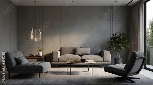 A minimalist modern living room. mockup wall, ready for customization.	 photo