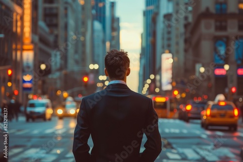 Professional businessman standing alone outdoors, observing the busy evening cityscape with illuminated skyscrapers, contemplating career decisions during rush hour in the urban downtown area photo