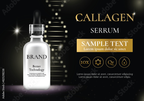 A sleek bottle of collagen serum with dropper, showcased with lights and DNA strands, against a dark background to highlight the product
