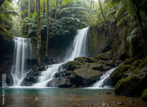 Scenic view of a waterfall in a tropical rainforest