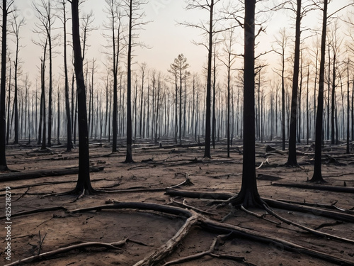 Scorched earth with charred remains of trees
