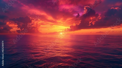 A captivating photo of a vibrant sunset over a tranquil ocean, with hues of orange, pink, and purple reflecting on the calm water, creating a breathtaking spectacle.