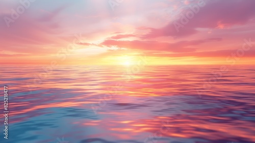 A captivating photo of a vibrant sunset over a tranquil ocean, with hues of orange, pink, and purple reflecting on the calm water, creating a breathtaking spectacle.