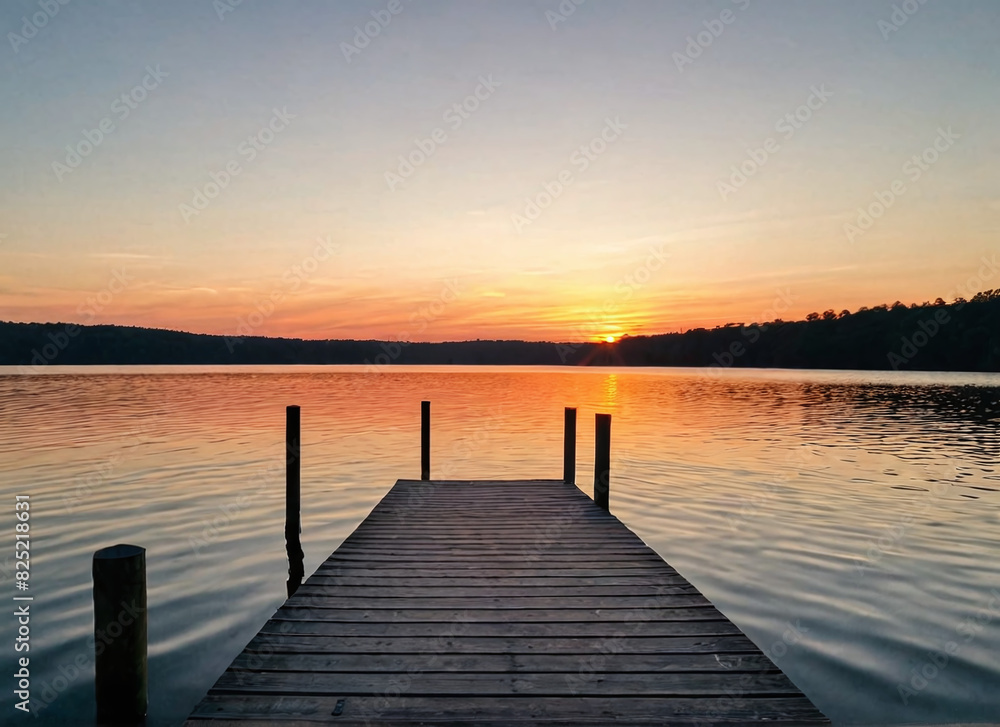 Fototapeta premium Sunset over a serene lake with a dock