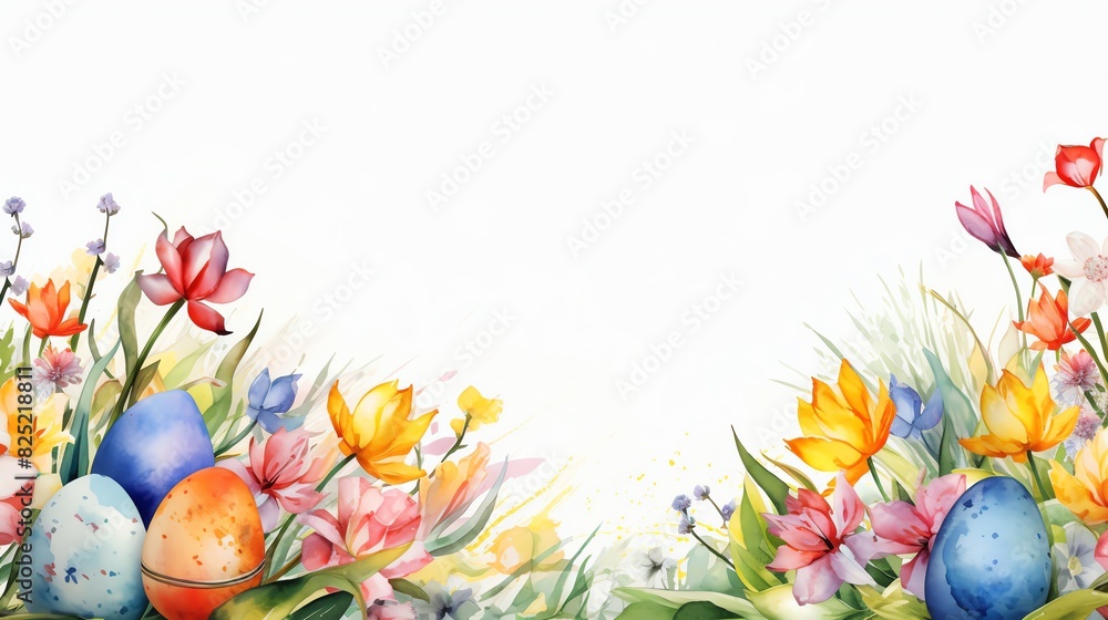 Watercolor Easter eggs and spring flowers border on white background.