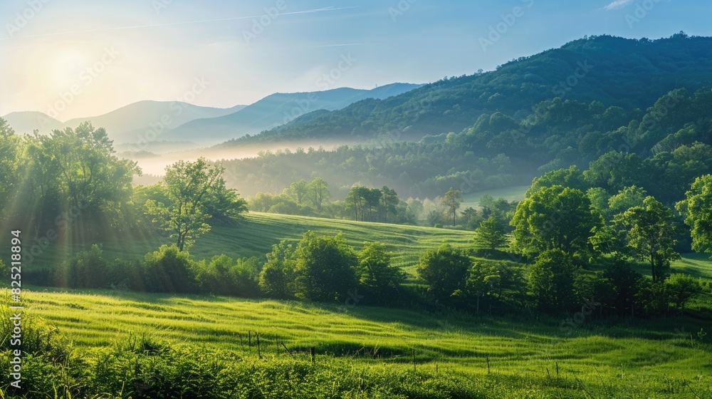 Landscape filled with greenery at morning with sunlight peeking through hills and cloudless sky Landscape filled with greenery at morning with sunlight peeking through hills and cloudless sky