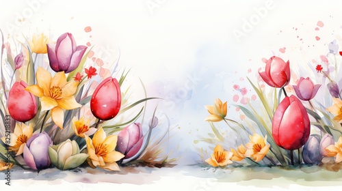 Watercolor painting of spring flowers, tulips and daffodils, with copy space #825218833