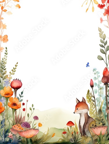 Whimsical Woodland Watercolor Border A fantasyinspired border with woodland creatures amidst a forest of spring flowers and ferns photo