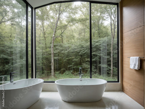 A contemporary bathroom featuring a freestanding bathtub surrounded by greenery