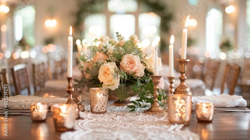 elegant wedding decor  elegant lace runners and golden candle holders add a romantic touch to the wedding reception  enhancing its timeless beauty