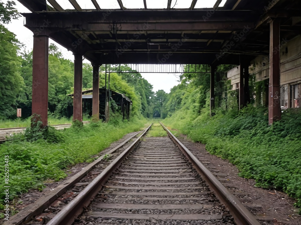 Fototapeta premium Abandoned train station with overgrown tracks