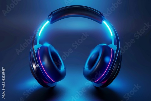 Modern wireless headphones with blue neon lights, perfect for gaming or music in a dark, futuristic setting. photo