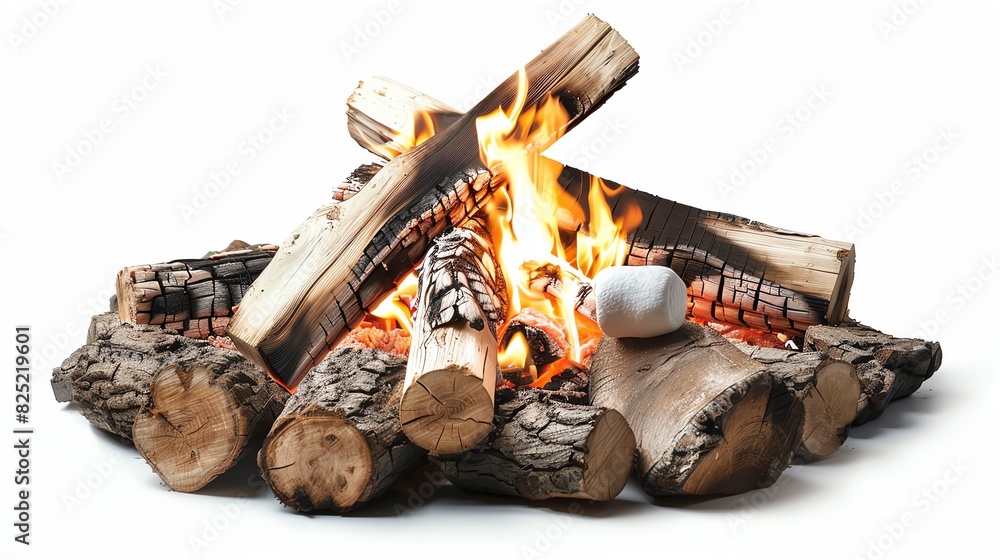 A pastel-colored campfire with logs and flickering flames, perfect for roasting marshmallows, on a white background