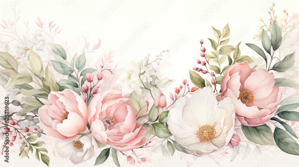 Romantic Peony and Rose Wedding Watercolor Border A lush border filled with soft pink peonies and white roses