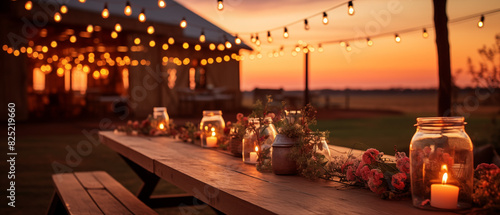 Outdoor Event with Rustic Barn, String Lights, and Candlelit Tables at Sunset