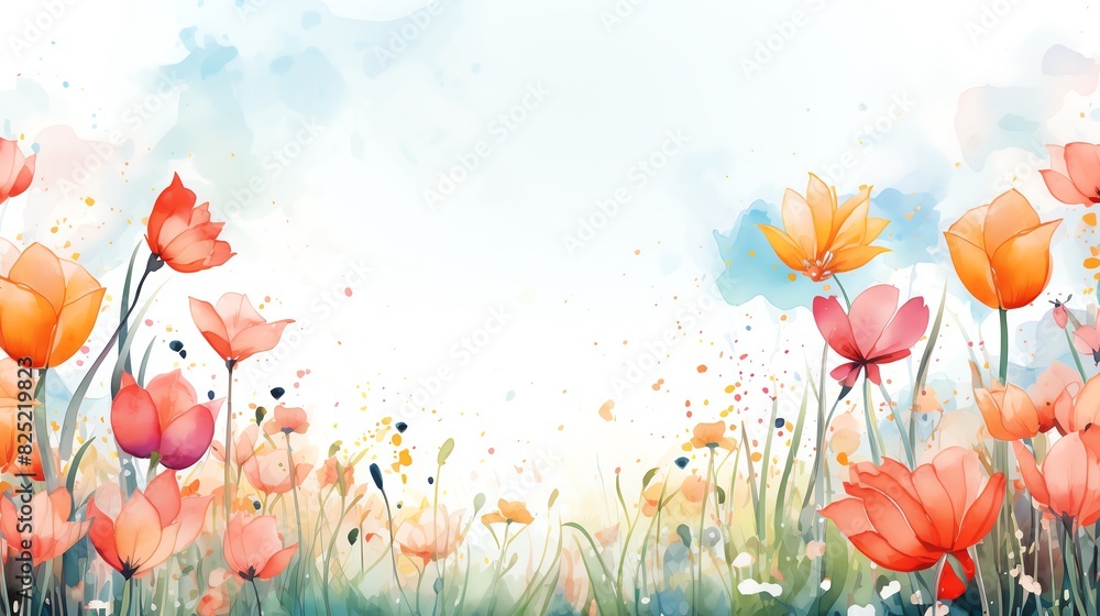 Watercolor painting of a field of red and yellow flowers with a light blue sky background.