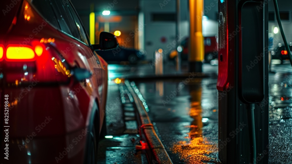 Obraz premium Electric car charging at night in a city