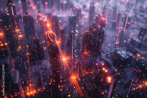 Futuristic cityscape with an abstract background With neon lines connecting the points.