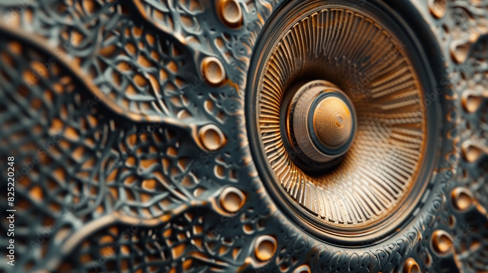 A close-up of a subwoofer speaker's cone adorned with intricate patterns and textures, transforming it into a work of art.