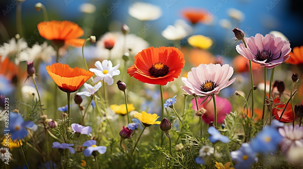 Obraz premium Vibrant wildflowers bloom in a meadow, showcasing a colorful tapestry of nature.