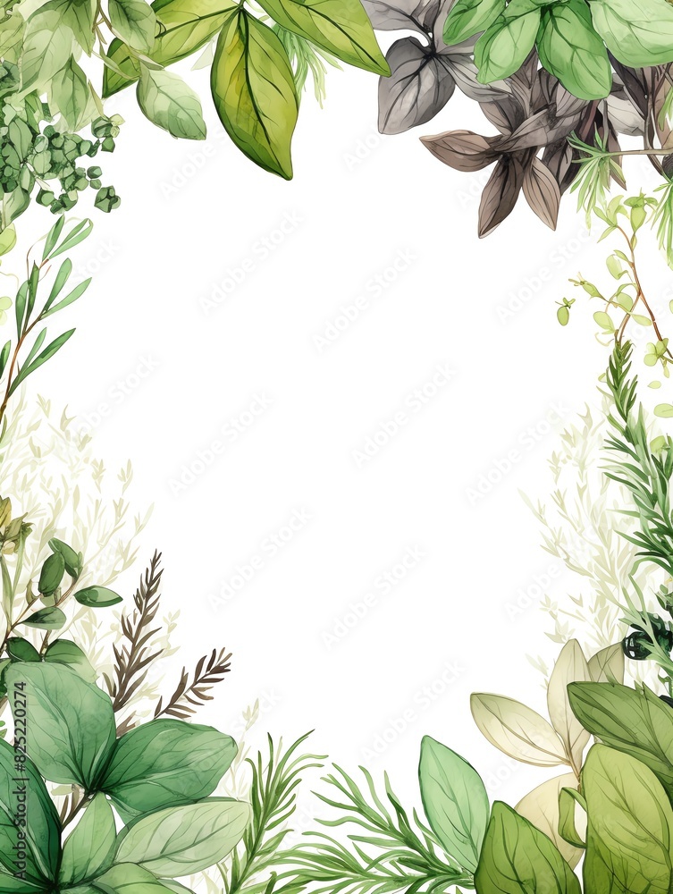 Watercolor herbal frame with green leaves and branches on white background. Watercolor herbal frame with green leaves and branches on white background.