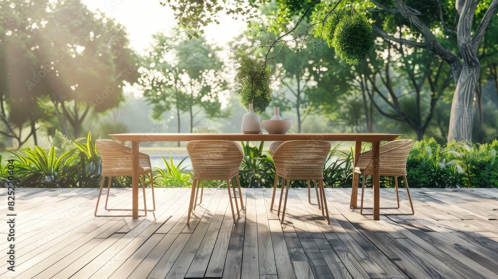 Serenity at Sunset: Table and Chairs Adorn Wooden Haven Serenity at Sunset: Table and Chairs Adorn Wooden Haven