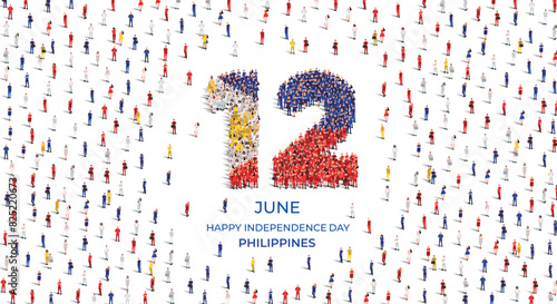 Happy Independence Day Philippines. A large group of people form to create the number 12 as Philippines celebrates its Independence Day on the 12th of June. Vector illustration.