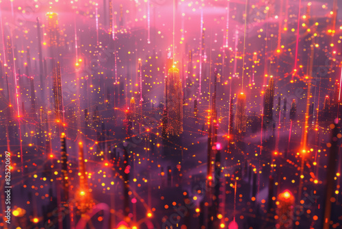 Futuristic cityscape with an abstract background With neon lines connecting the points.