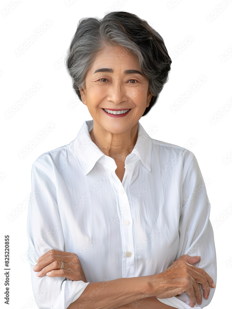 Senior Asian woman wearing white shirt posing with arms crossed over isolated transparent background Senior Asian woman wearing white shirt posing with arms crossed over isolated transparent background