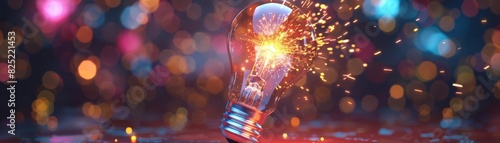 Light bulb bursting with vibrant sparks and colors, representing ideas and creativity in a dynamic display photo