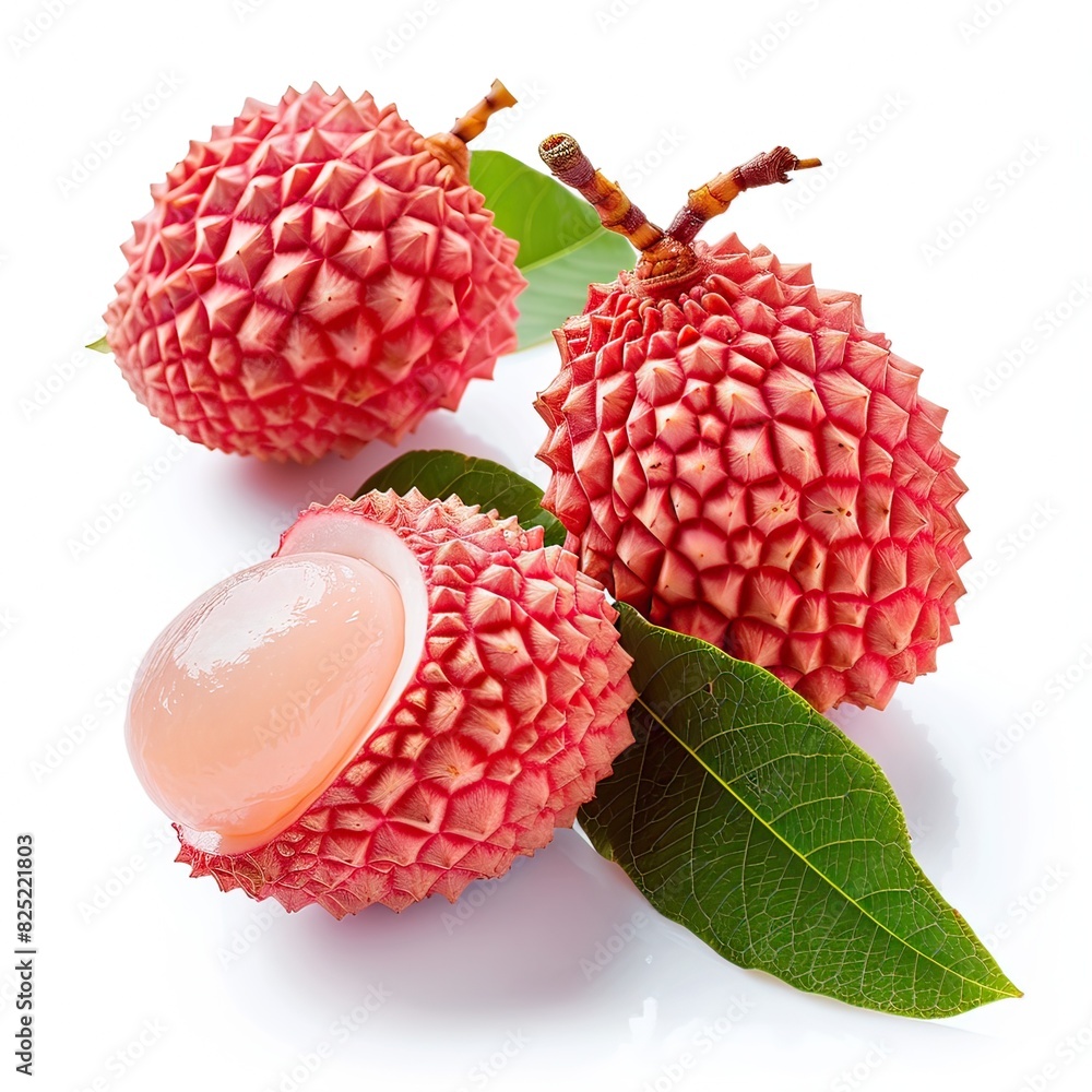 Lychee whole fruit and cut fruit in studio, isolated, white background, no shadow, no logo Lychee whole fruit and cut fruit in studio, isolated, white background, no shadow, no logo