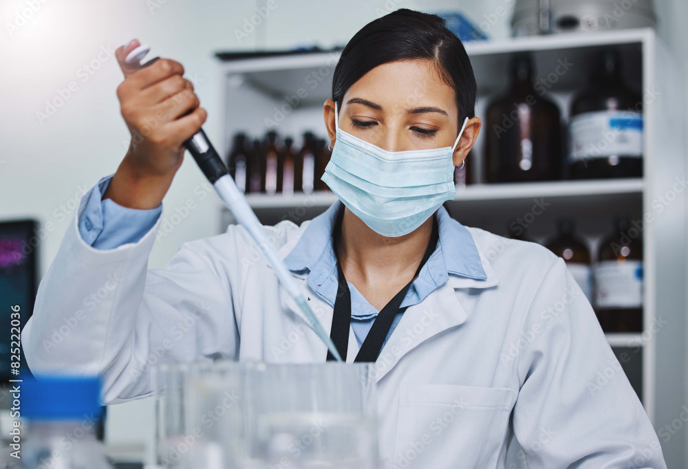 Woman, technician and medical research for covid 19, vaccine and pipette with mask, lab for pharma innovation. Female person, scientist and sample in healthcare for chemistry in forensic for results Woman, technician and medical research for covid 19, vaccine and pipette with mask, lab for pharma innovation. Female person, scientist and sample in healthcare for chemistry in forensic for results