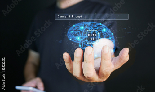 Artificial Intelligence. AI technology. A man uses chat Ai tech on his hand, the AI virtual brain and command prompt bar are displayed ready to generate something