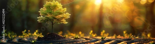 Magical emergence of a young tree from patterned earth, bathed in golden forest light, concept of hope and renewal photo